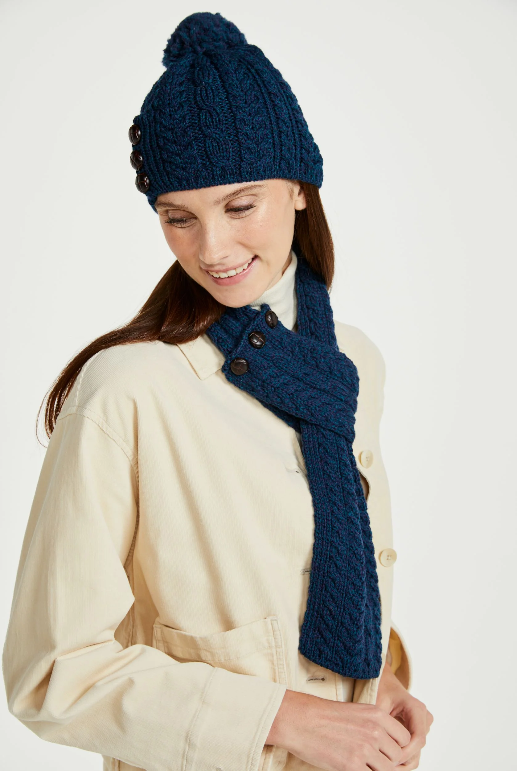 Ballina Aran Buttoned Loop Scarf - Atlantic - Image 4