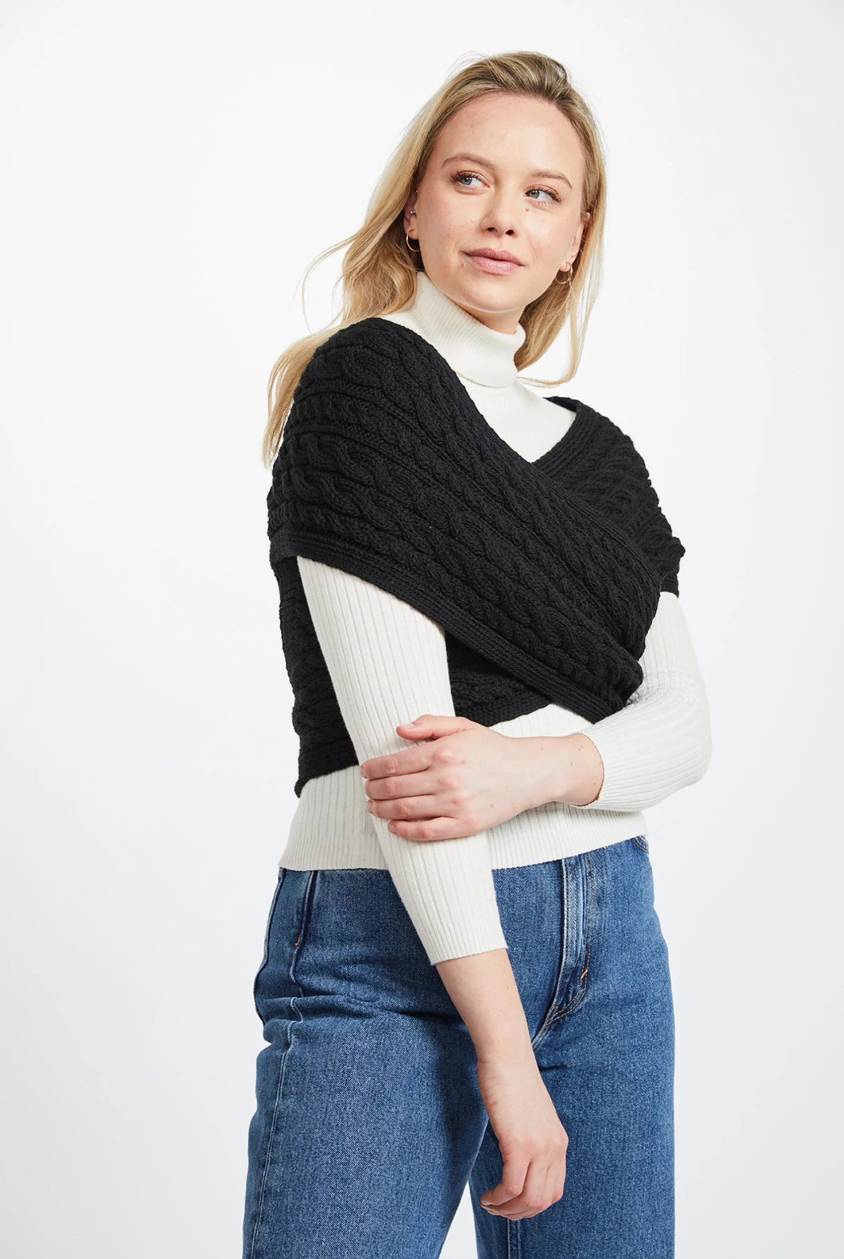 Corrib Crossover Merino Aran Wrap -  Black - Image 4