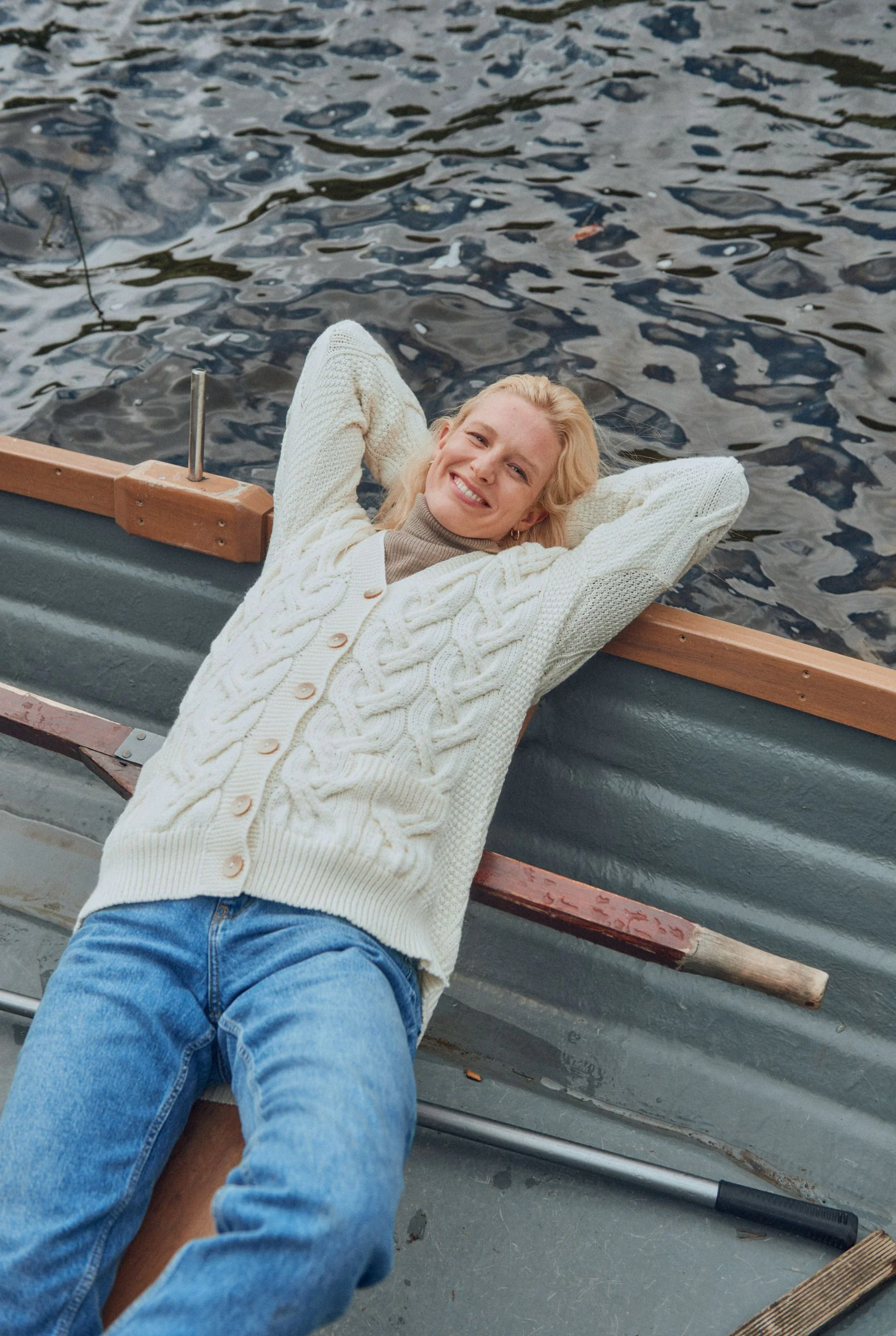Downpatrick Ladies Aran Cardigan - Cream - Image 5