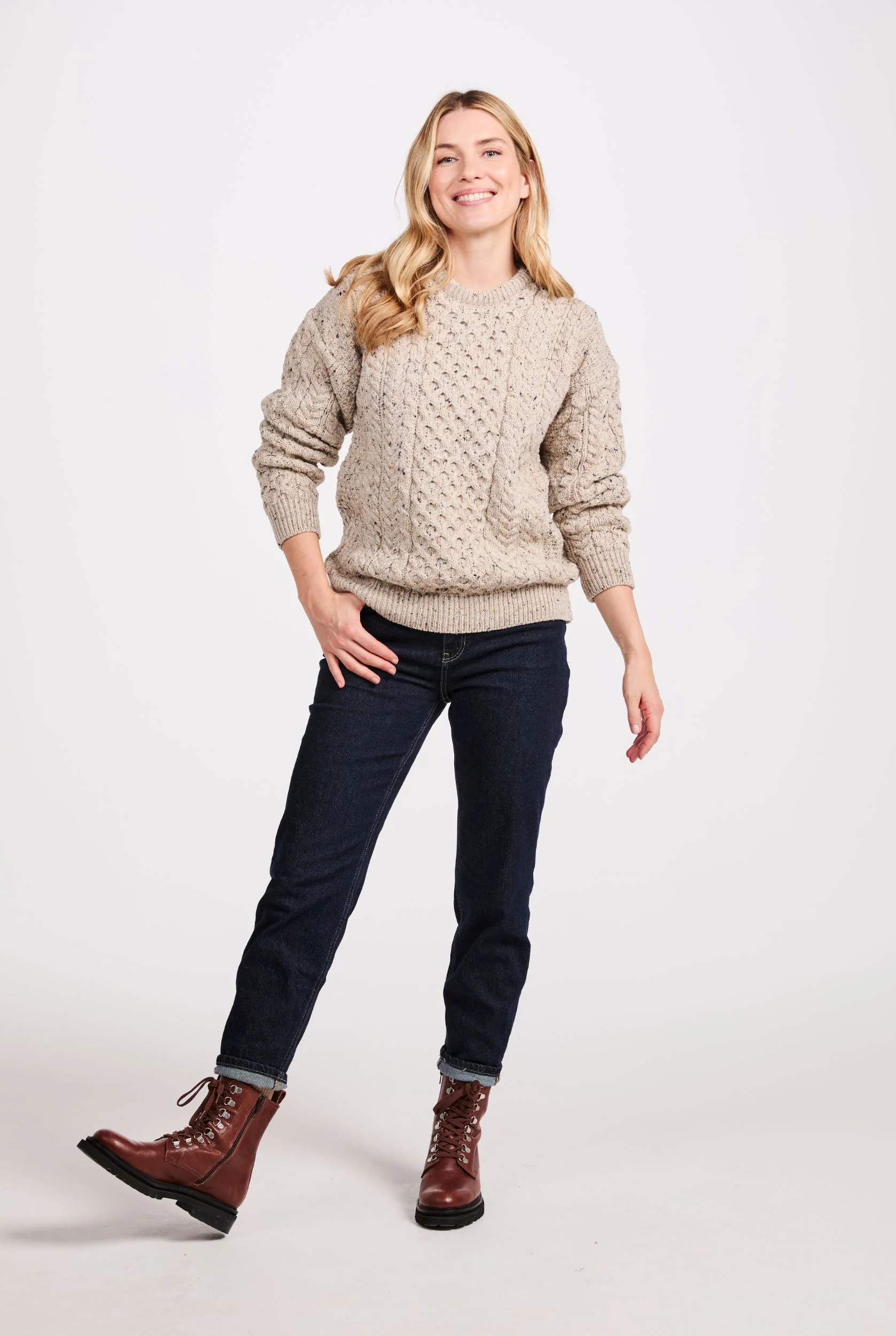 Inishbofin Ladies Traditional Aran Sweater - Flecked Oat - Image 3