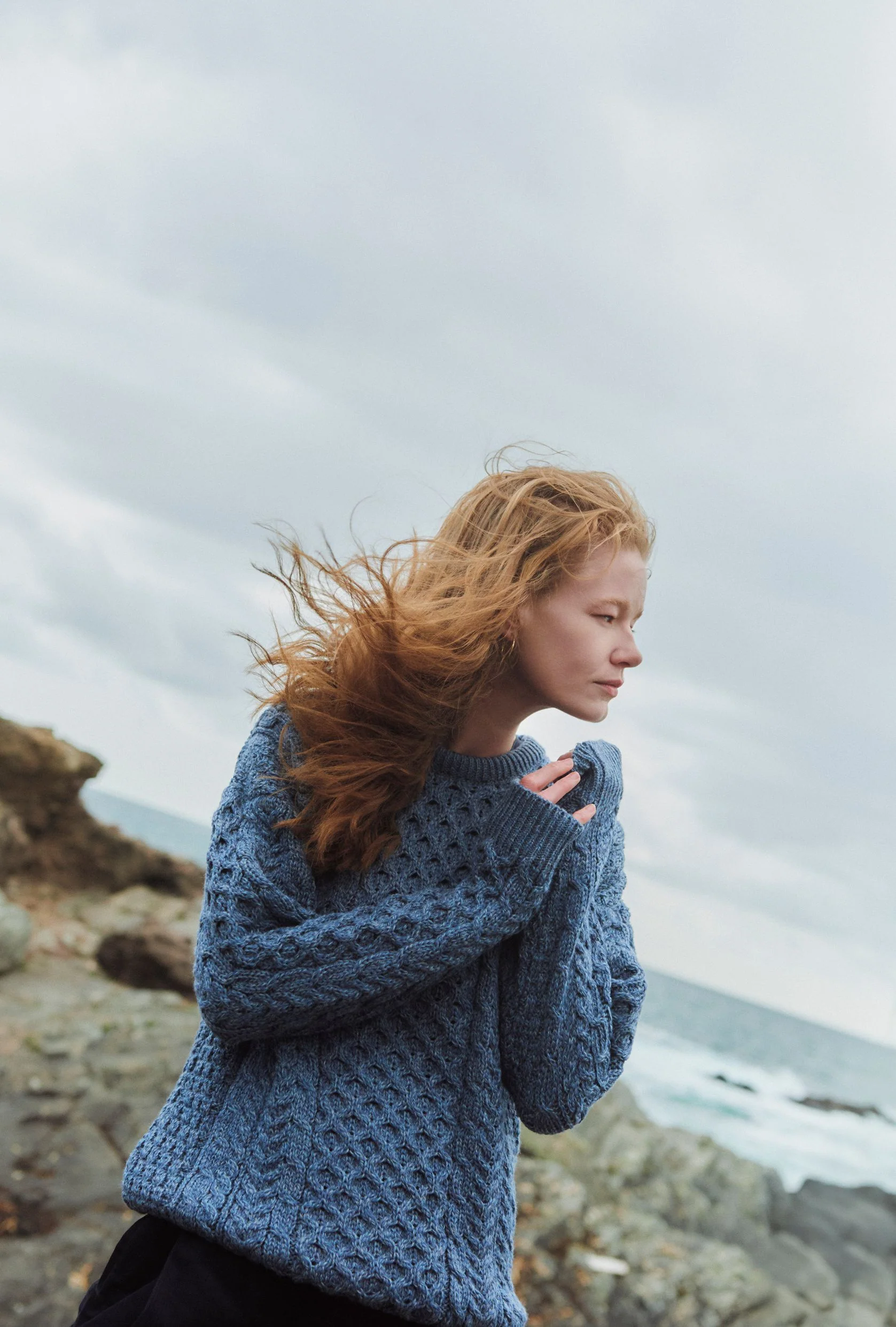 Inisheer Traditional Ladies Merino Aran Sweater - Blue Grey - Image 3
