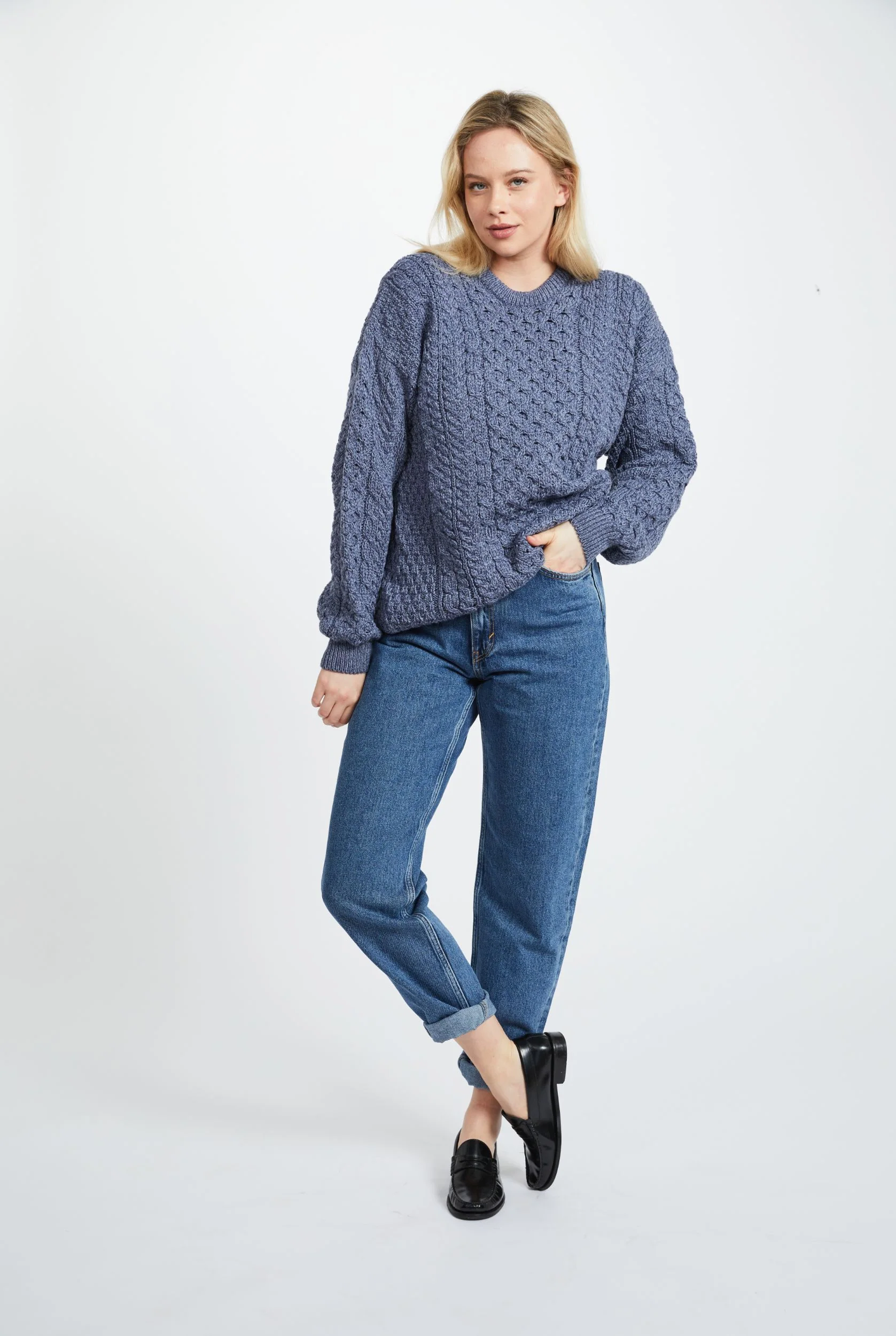 Inisheer Traditional Ladies Merino Aran Sweater - Blue Grey - Image 6