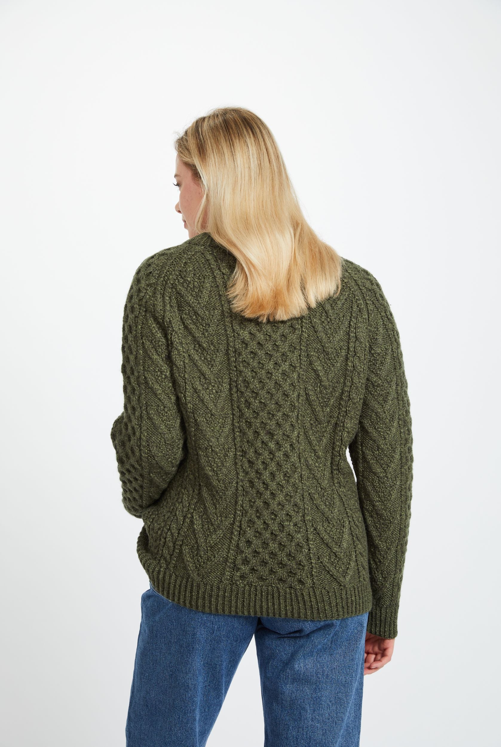 Kilronan Aran Ladies Honeycomb Sweater - Green - Image 4