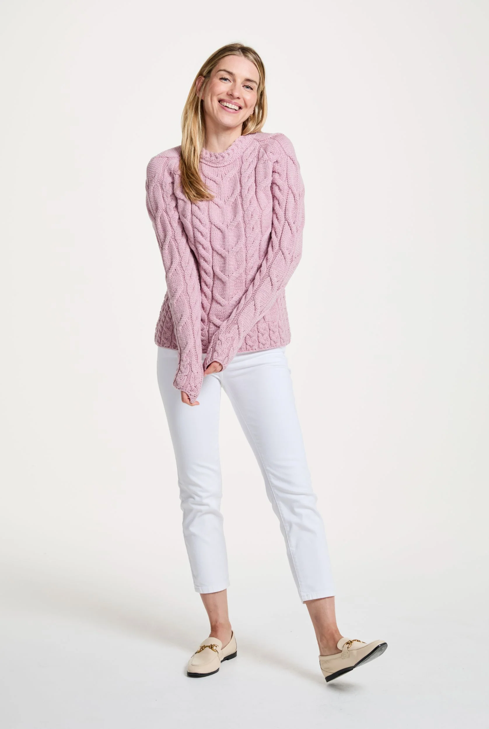 Listowel Ladies Aran Cabled Sweater - Blush Pink - Image 3
