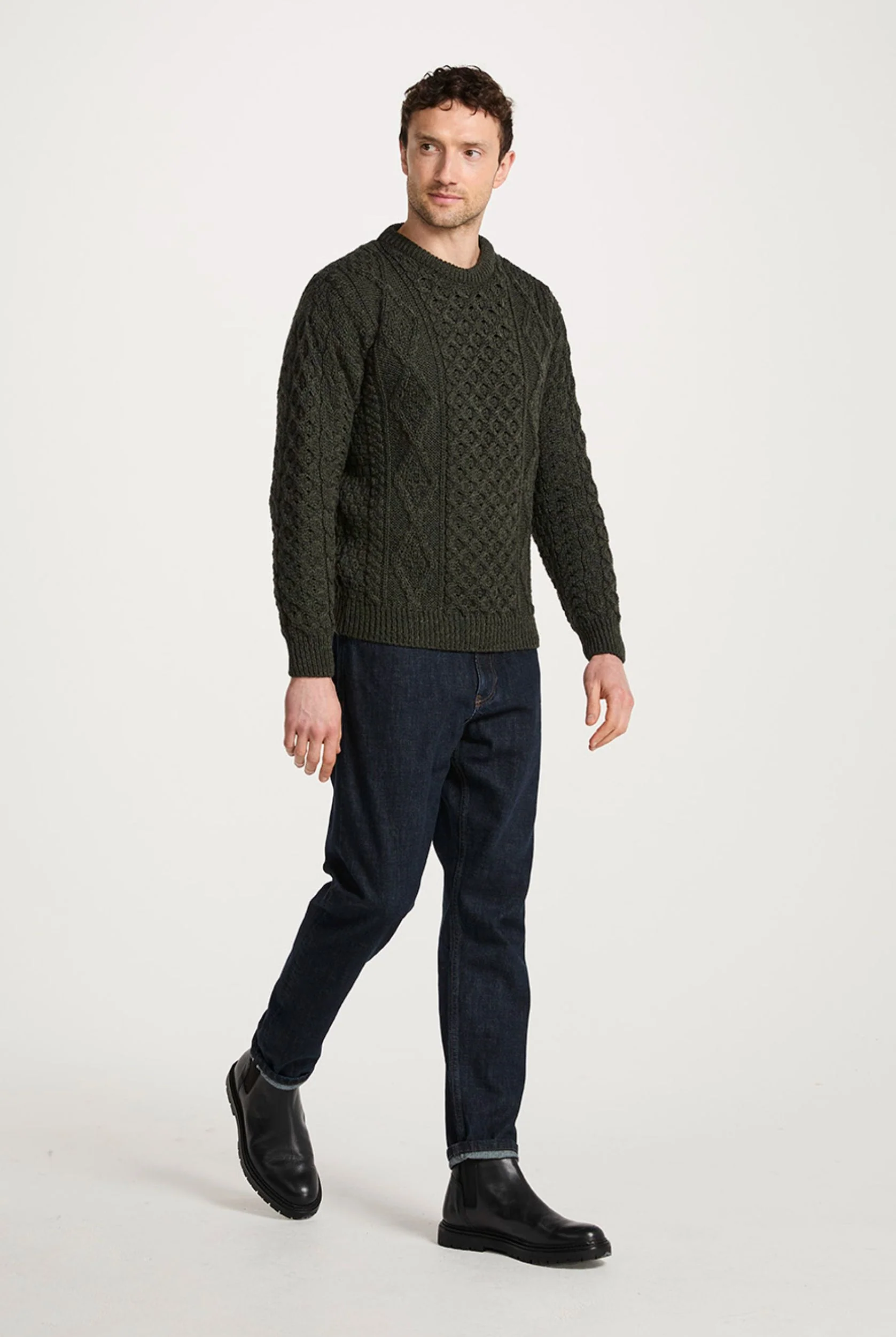 Moher Traditional Aran Sweater - Green - Image 3